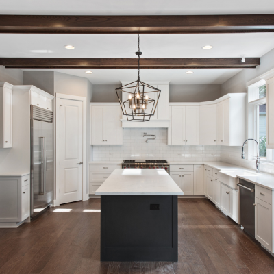 Exposed steel beams in a kitchen