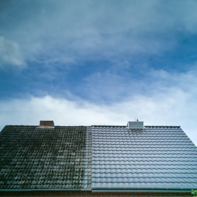 A roof with one half covered in moss and dirt, and the other half clean and pristine under a blue sky.