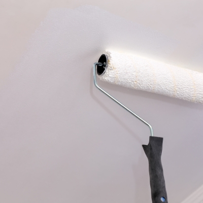 A close-up of a paint roller applying a mist coat to a newly plastered wall for proper paint adhesion.