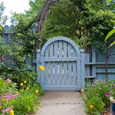 A light blue wooden garden gate with vertical slats, framed by lush greenery and vibrant flowers.