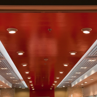 A bold red ceiling with recessed downlights in a commercial setting.