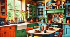 A colourful country-style kitchen with bright green, blue, and orange cabinets, rustic wooden flooring, and an eclectic mix of pottery and decor.