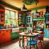 A colourful country-style kitchen with bright green, blue, and orange cabinets, rustic wooden flooring, and an eclectic mix of pottery and decor.