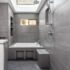 A modern wet room with grey tiles, a built-in bathtub, and a rainfall shower.