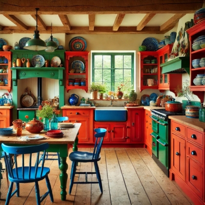 A traditional cottage kitchen with vibrant red and green cabinets, wooden beams, and a farmhouse sink, filled with decorative plates and pottery.