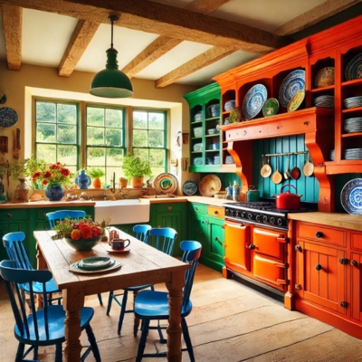 A rustic cottage kitchen featuring bold orange and green cabinetry, wooden beams, and a farmhouse sink, filled with decorative plates and plants.