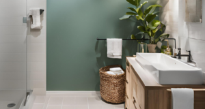 A modern bathroom with sea green and cream walls.