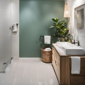 A modern bathroom with sea green and cream walls.