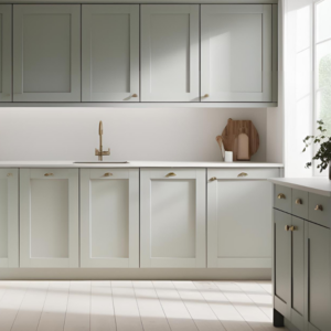 A freshly repainted kitchen with tea green cupboards.