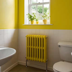 A yellow-painted bathroom with a yellow radiator.