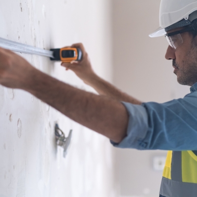 A construction worker in safety gear measuring a wall with a tape measure.