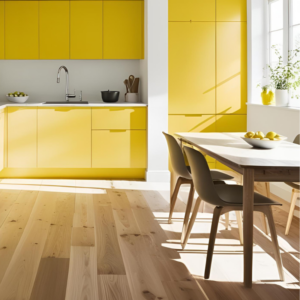 A bright, monochrome yellow kitchen with wooden flooring.