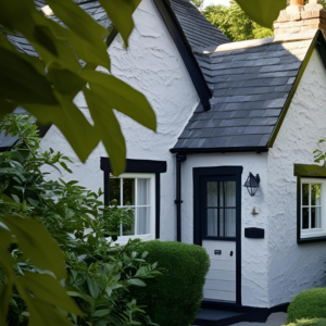 A cottage painted in a traditional white scheme.